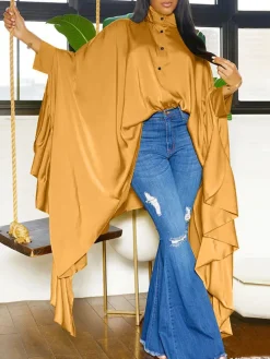 Irregular Loose Batwing Sleeve Silky Button-Up Blouse