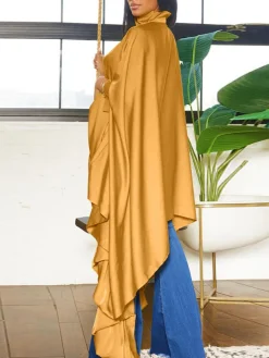 Irregular Loose Batwing Sleeve Silky Button-Up Blouse