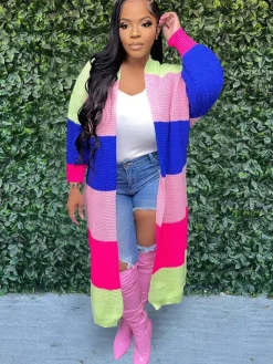 Knit Long Sleeve Color Block Bodycon Cardigan