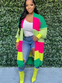 Knit Long Sleeve Color Block Bodycon Cardigan