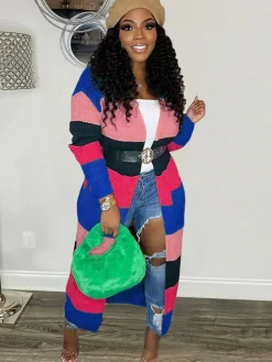 Knit Long Sleeve Color Block Bodycon Cardigan