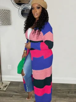 Knit Long Sleeve Color Block Bodycon Cardigan