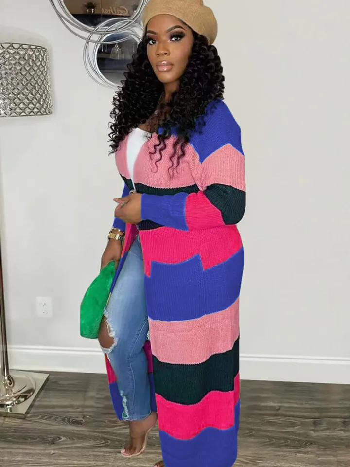 Knit Long Sleeve Color Block Bodycon Cardigan