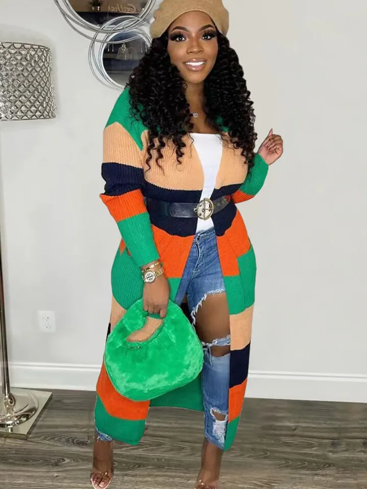 Knit Long Sleeve Color Block Bodycon Cardigan