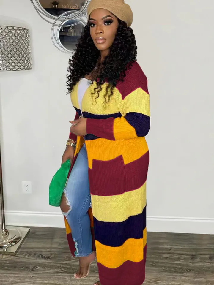 Knit Long Sleeve Color Block Bodycon Cardigan