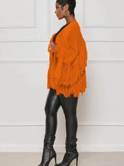 Knit Long Sleeve Tassel Ribbed Cardigan