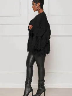 Knit Long Sleeve Tassel Ribbed Cardigan