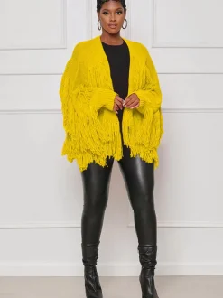 Knit Long Sleeve Tassel Ribbed Cardigan