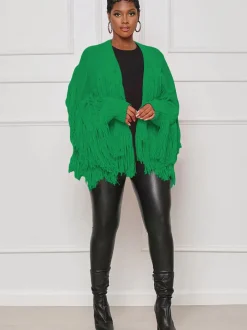 Knit Long Sleeve Tassel Ribbed Cardigan