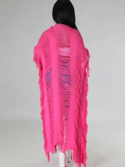 Knit Tassels Short Sleeves Long Cardigan