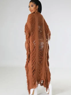 Knit Tassels Short Sleeves Long Cardigan