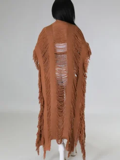 Knit Tassels Short Sleeves Long Cardigan