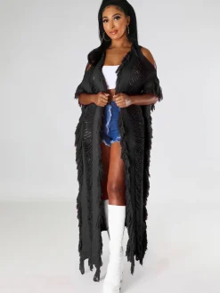 Knit Tassels Short Sleeves Long Cardigan