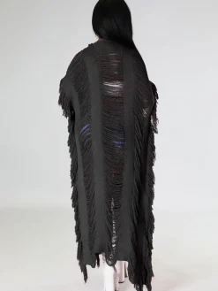 Knit Tassels Short Sleeves Long Cardigan