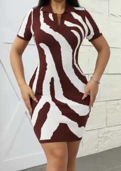 Knit V Neck Zebra Striped Mini Dress