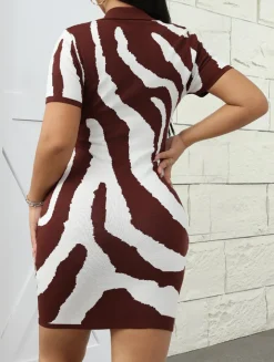 Knit V Neck Zebra Striped Mini Dress