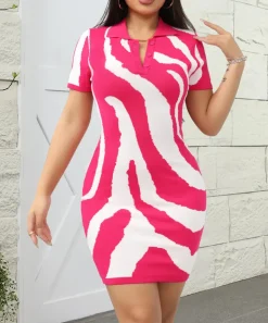 Knit V Neck Zebra Striped Mini Dress