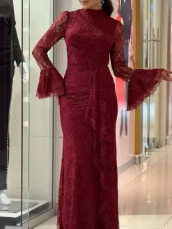 Lace Ruffle Flared Sleeve Maxi Dress