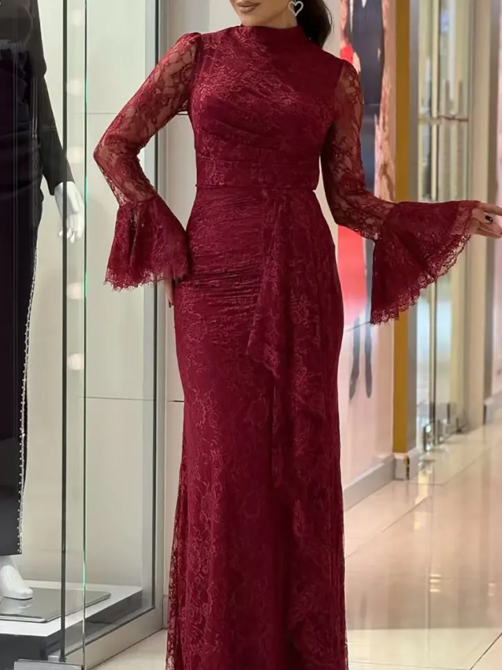 Lace Ruffle Flared Sleeve Maxi Dress