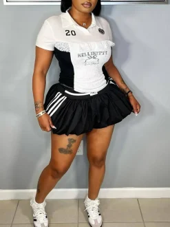 Lace Trim Letter Print Top Pleated Skirt Set