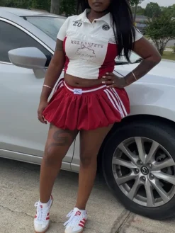 Lace Trim Letter Print Top Pleated Skirt Set