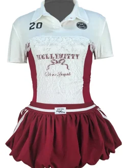 Lace Trim Letter Print Top Pleated Skirt Set