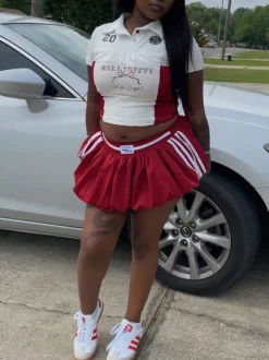 Lace Trim Letter Print Top Pleated Skirt Set