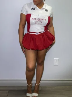 Lace Trim Letter Print Top Pleated Skirt Set