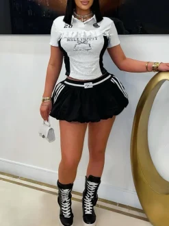 Lace Trim Letter Print Top Pleated Skirt Set