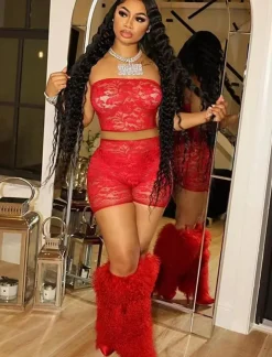 Lace Two Piece Tube Top and Bodycon Shorts