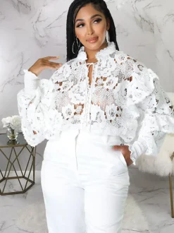 Lantern Sleeve Floral Hollow Out Top