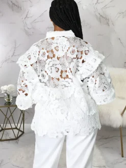 Lantern Sleeve Floral Hollow Out Top