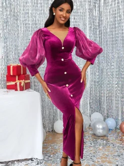 Lantern Sleeve Mesh Patchwork Split Midi Dress