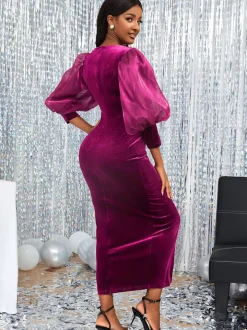 Lantern Sleeve Mesh Patchwork Split Midi Dress