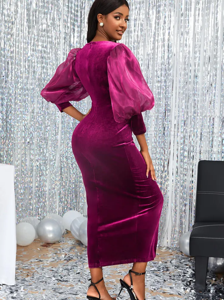 Lantern Sleeve Mesh Patchwork Split Midi Dress