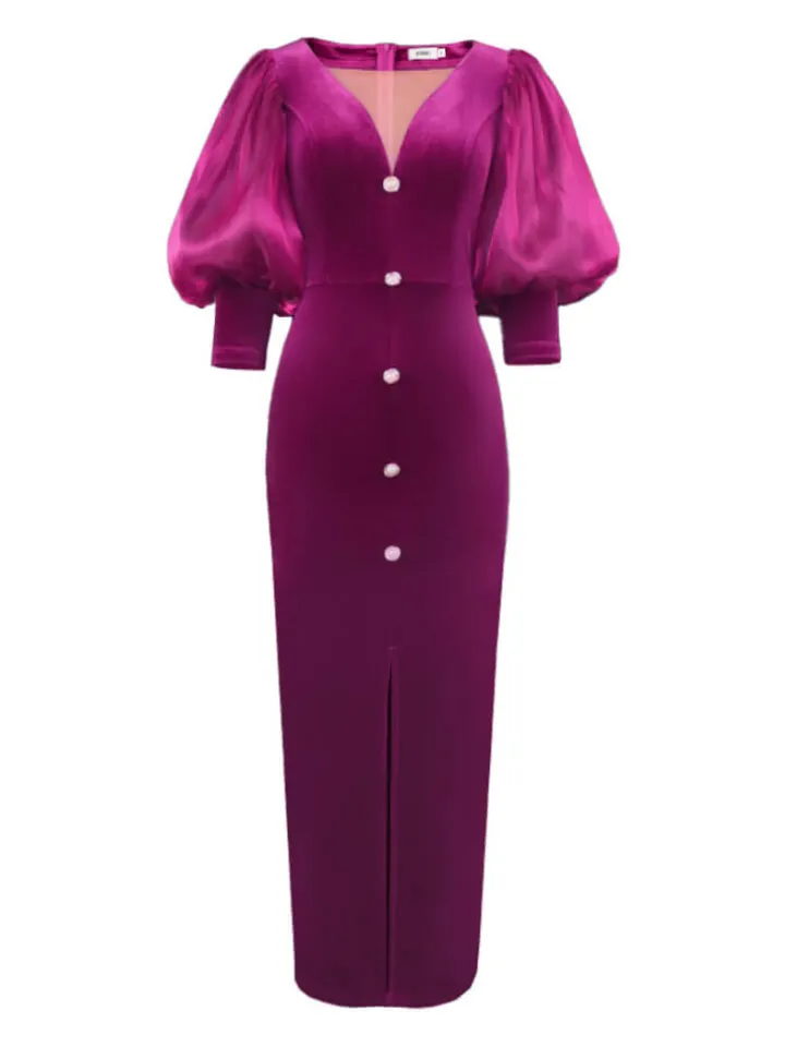 Lantern Sleeve Mesh Patchwork Split Midi Dress