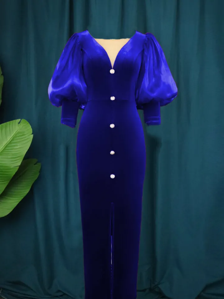 Lantern Sleeve Mesh Patchwork Split Midi Dress