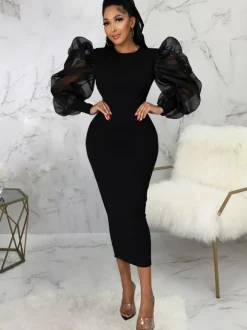 Lantern Sleeve Patchwork Bodycon Midi Dress