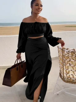 Lantern Sleeve Plus Size Two-Piece Set