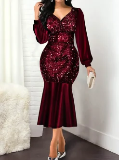 Lantern Sleeve Sequin Patchwork Midi Dress