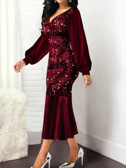 Lantern Sleeve Sequin Patchwork Midi Dress