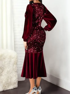 Lantern Sleeve Sequin Patchwork Midi Dress