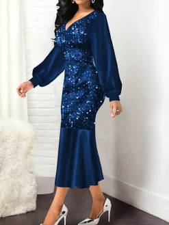 Lantern Sleeve Sequin Patchwork Midi Dress