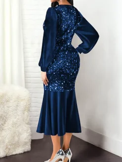 Lantern Sleeve Sequin Patchwork Midi Dress