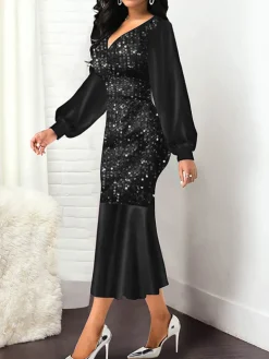 Lantern Sleeve Sequin Patchwork Midi Dress
