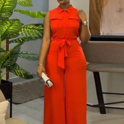 Lapel Lace-Up sleeveless jumpsuits