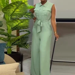 Lapel Lace-Up sleeveless jumpsuits