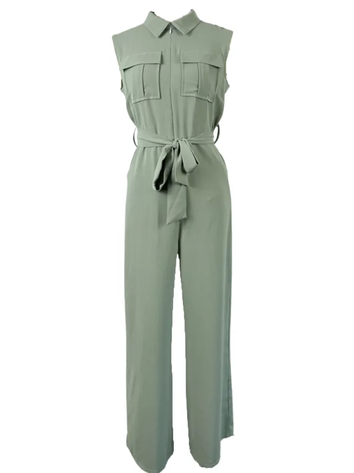 Lapel Lace-Up sleeveless jumpsuits