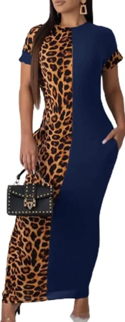 Leopard Patchwork Short Sleeve Bodycon Midi Dress