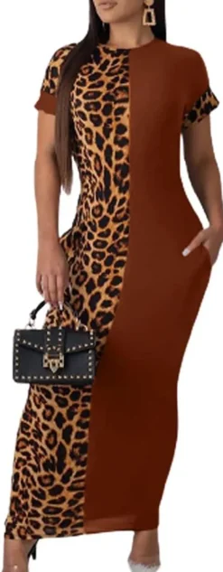 Leopard Patchwork Short Sleeve Bodycon Midi Dress